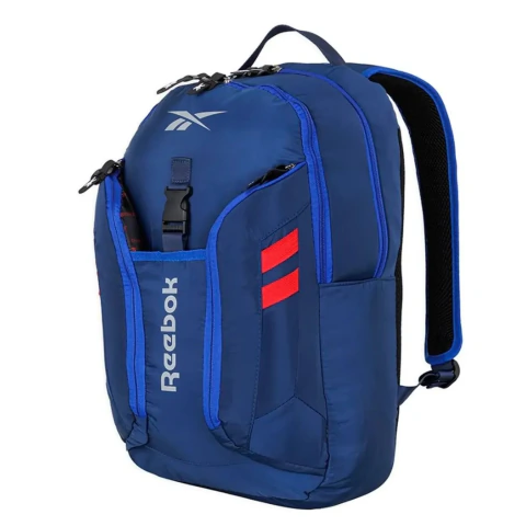 Mochila urbana Reebok azul modelo RBK60085, con logo visible, bolsillos frontales y tiras acolchadas, ideal para uso diario.