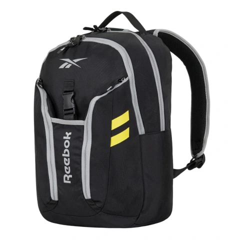 Mochila urbana Reebok negra modelo RBK60085 con detalles grises y amarillos, ideal para uso diario y actividades urbanas.