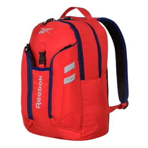 Mochila urbana Reebok roja modelo RBK60085 con detalles en azul y bolsillos frontales, vista en ángulo.