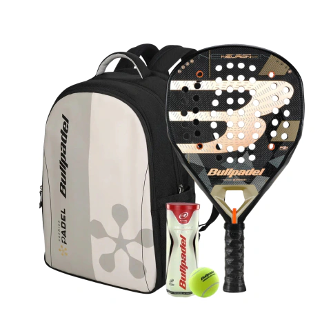 Combo paleta Bullpadel Neuron 02 2026 Fede Chingotto y mochila Neuron Premier negra, incluye tubo de pelotas y overgrip de regalo
