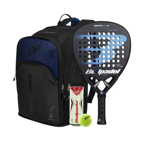 Combo de paleta Bullpadel Vertex 02 Onyx Comfort azul con mochila Vertex Geo azul intenso, tubo de pelotas y overgrip, ideal para pádel en Argentina.
