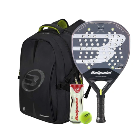 Combo de paleta Bullpadel Xplo Comfort 2026 Di Nenno con mochila negra Bullpadel, tubo de pelotas y overgrip, ideal para pádel.