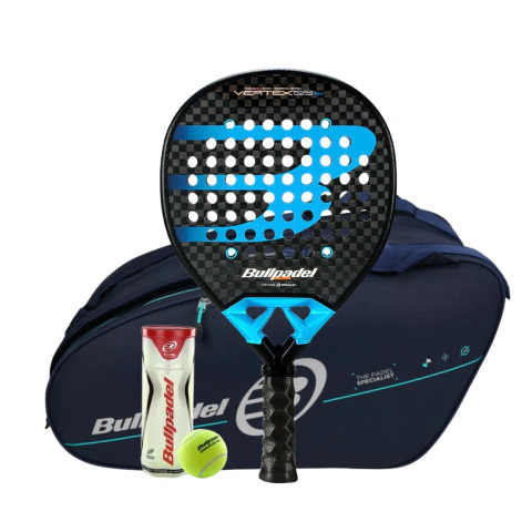 Combo de paleta Bullpadel Vertex 05 Hybrid 2026, paletero Tour azul marino, tubo de pelotas y overgrip de regalo.