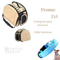 Transportador Para Mascotas Beige + Collar para Mascotas con Luz Led -Celeste