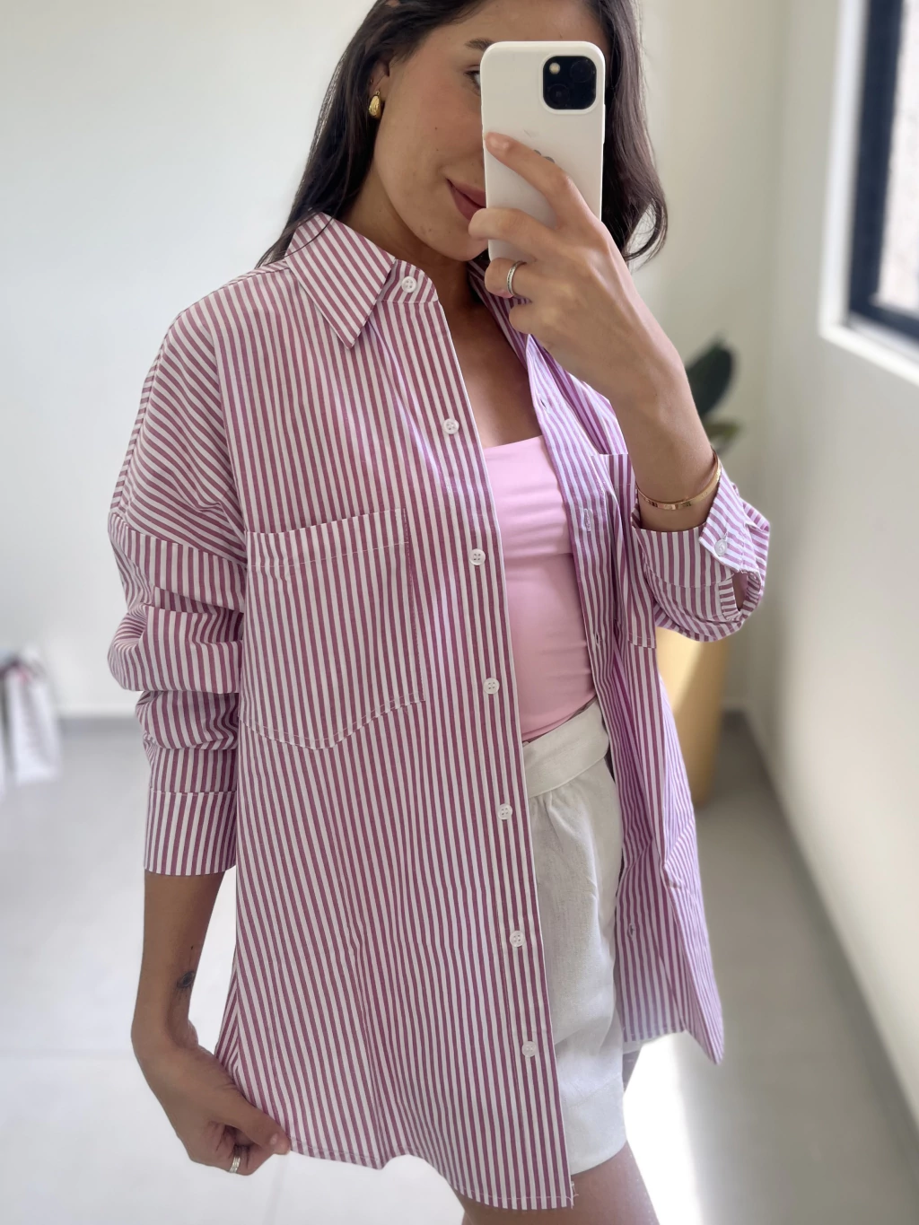 Camisa Oversized - Rosa Listrada - 100% Algodão
