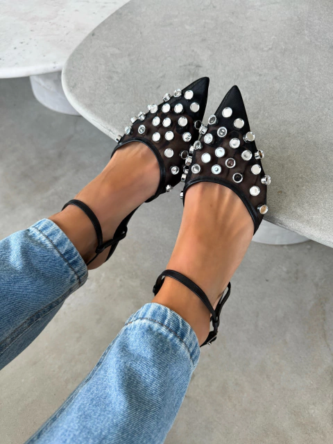 Scarpin Preto Aplicações Tela Salto Baixo - comprar online