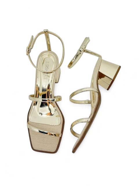 Sandália Dourada Linho Com Salto Bloco - comprar online