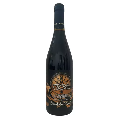 Botella de vino tinto 13 Cles Edición Limitada Blend de Pinot con etiqueta negra y dorada