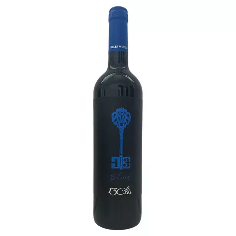 Botella de vino 13 Cles Joven Blend, mezcla de Malbec, Bonarda y Cabernet Franc, con etiqueta negra y detalles en azul.