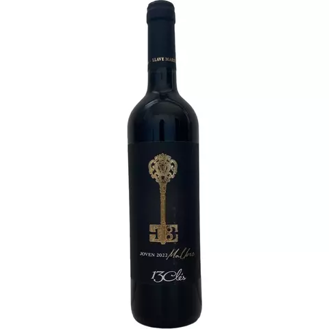 Botella de vino tinto 13 Cles Joven Malbec con etiqueta negra y dorada.