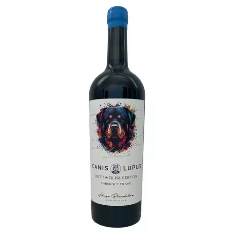 Botella de vino tinto Canis Lupus Rottweiler Edition Cabernet Franc con etiqueta ilustrada con la imagen de un perro Rottweiler