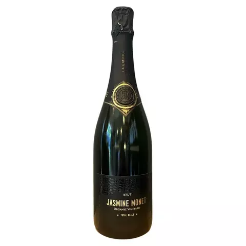 Botella de espumante Jasmine Monet Extra Brut Black con etiqueta negra y detalles dorados
