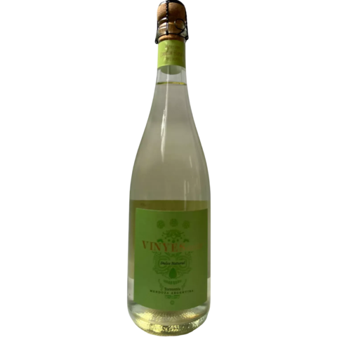 Botella de espumante Vinyes Ocults, variedad Torrontés, con etiqueta verde y tapa de corcho.