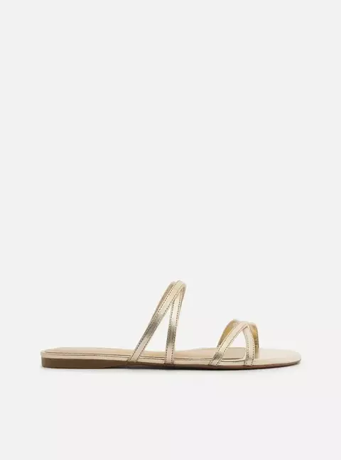 Rasteira Dourada Bico Redondo Tiras Básica