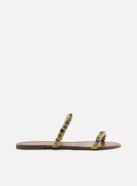 Sandália Rasteira Bege Tiras Pedrarias Coloridas