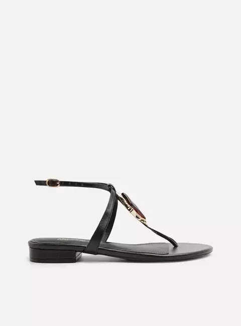 Sandália Rasteira Couro Slim Pedra Maxi