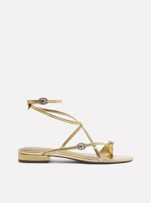 Sandália Rasteira Dourada Couro Fivelas Cristais