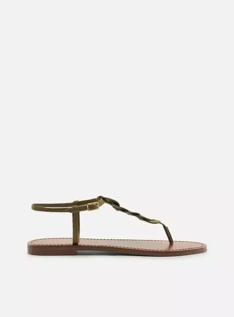 Sandália Rasteira Verde Couro Slim Trama