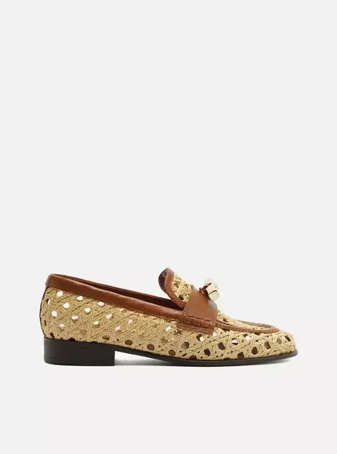 Mocassim Marrom Couro Palha Sextavada Metal
