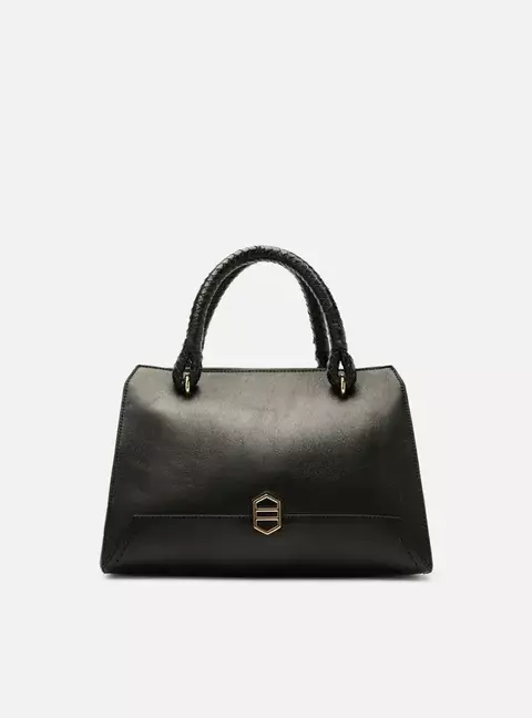 Bolsa Tote Preta Couro Média Metal Geométrico