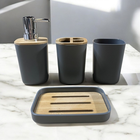 Set de Baño x4 Piezas Plastico y Bamboo - Gris - comprar online
