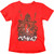 Camiseta vermelha com estampa de Berserk, apresentando Guts em uma cena intensa com elementos sombrios.