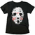 Camiseta preta com estampa de um rosto esquelético, Jason e um cenário de Sexta Feira 13.