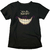 Camiseta preta com estampa do sorriso do Gato de Cheshire e a frase "We're All Mad Here".