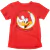 Camiseta vermelha com estampa do Pica Pau sorridente e a frase "Guess Who?"