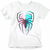 Camiseta branca com estampa do símbolo do Homem-Aranha em aquarela nas cores azul e rosa.