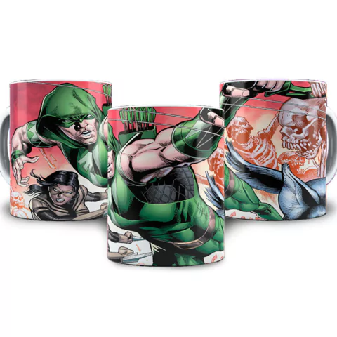 Caneca Arqueiro Verde II com ilustrações do super-herói Arqueiro Verde e outros personagens de quadrinhos.