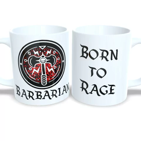 Caneca Dungeons and Dragons para amantes da classe Bárbaro, com um design que inclui um machado e a palavra "BARBARIAN" em destaque.