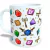 Caneca branca decorada com dados e elementos de RPG, como espadas e machados.