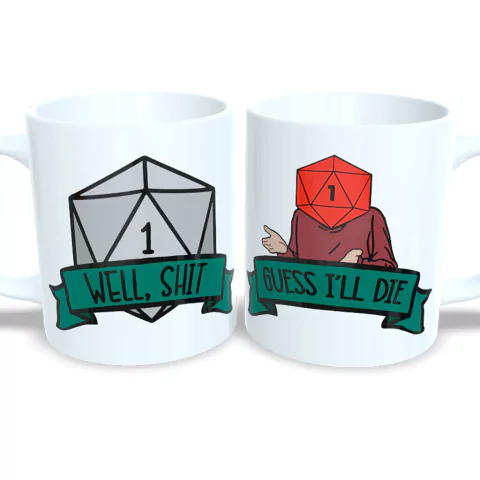 Caneca Dungeons and Dragons com um personagem lamentando uma rolagem crítica, apresentando os textos "WELL, SHIT" e "GUESS I'LL DIE".