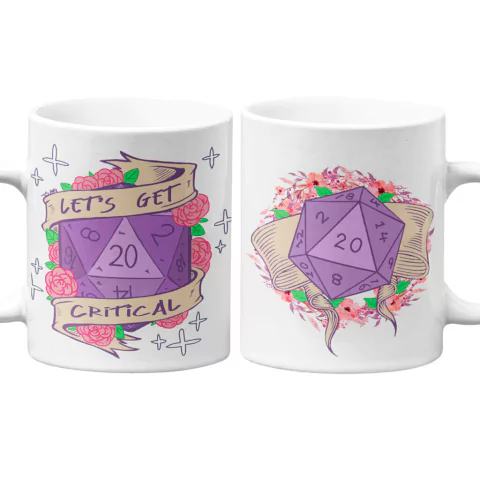 Caneca de Dungeons and Dragons com design colorido, apresentando o texto "Let's Get Critical" e um dado de 20 lados em roxo, adornada com flores.