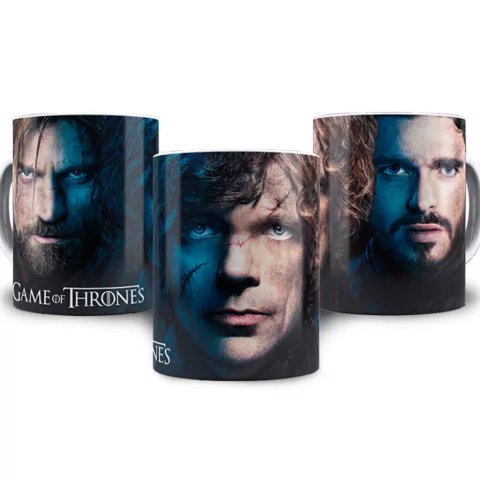 Caneca de Game of Thrones com os rostos de Jaime, Tyrion e Robb Stark.