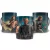 Canecas com personagens da série Vikings, mostrando guerreiros e uma escudeira em um fundo dramático.