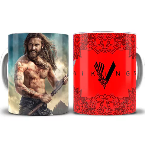 Caneca dos Vikings com imagem do personagem Rollo, mostrando-o com uma arma e fundo dramático.