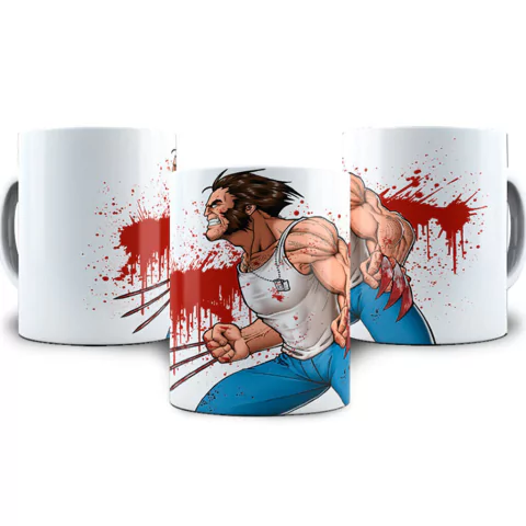 Caneca com ilustração do Wolverine, mostrando o personagem em ação com garras expostas e detalhes de sangue.