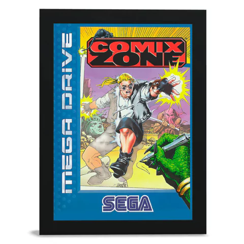 Quadro decorativo do jogo Comix Zone para Mega Drive, apresentando o personagem principal em ação.