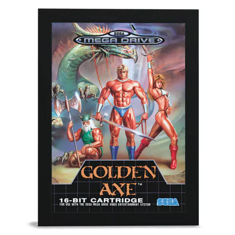 Quadro decorativo do jogo Golden Axe do Mega Drive, apresentando personagens e um dragão ao fundo.