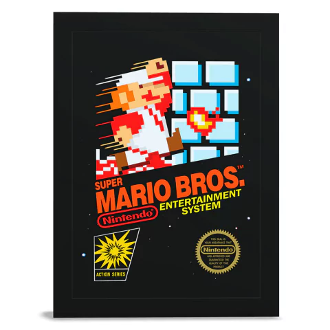 Quadro decorativo do jogo Super Mario Bros, com Mario em ação e elementos gráficos em pixel art.