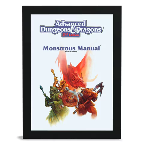 Quadro decorativo do Manual dos Monstros de Dungeons and Dragons, apresentando ilustrações de criaturas fantásticas.