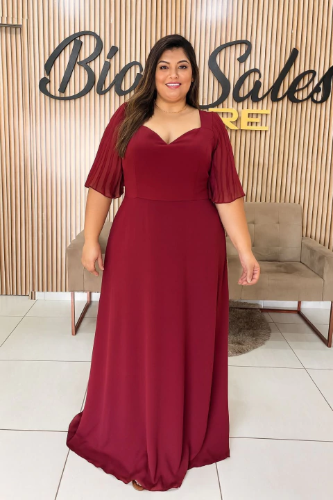 VESTIDO CHIFFON MANGA PLISSADA DECOTE CORACAO PLUS - comprar online