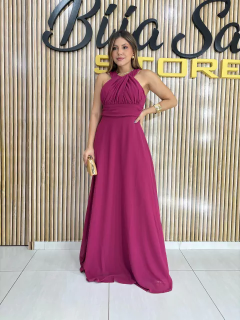 VESTIDO CHIFFON GOLA ALTA BUSTO DRAPEADO - comprar online