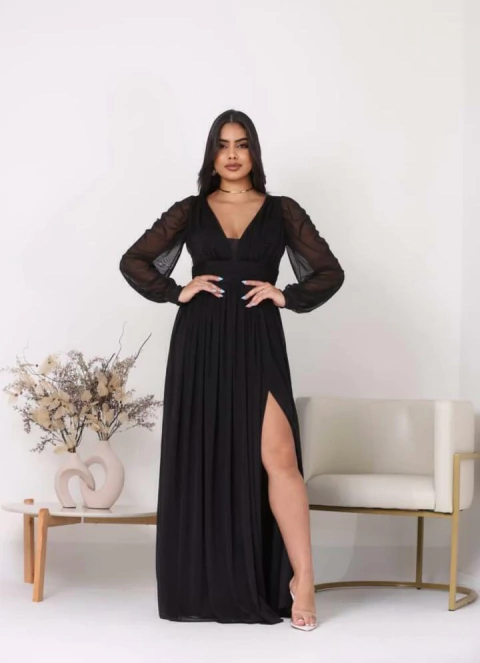 VESTIDO TULE ELASTANO MANGA LONGA FENDA - comprar online