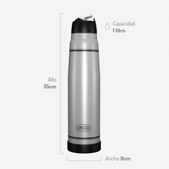 Termo de acero inoxidable Luminox de 1 litro, con una altura de 35 cm y un ancho de 9 cm.