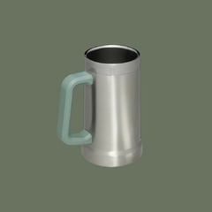 Jarra de cerveza de acero inoxidable con doble aislamiento y asa verde, capacidad de 710 ml.