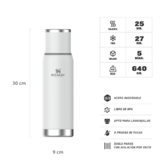 Termo Stanley Adventure To-Go de 1 litro, fabricado en acero inoxidable, con dimensiones de 30 cm de alto y 9 cm de diámetro. Ideal para mantener bebidas calientes y frías durante mucho tiempo.