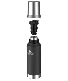 Termo Stanley Mate System Classic de 800 ml, desmontado, mostrando la tapa, el pico y el cuerpo del termo en color negro con detalles en acero inoxidable.